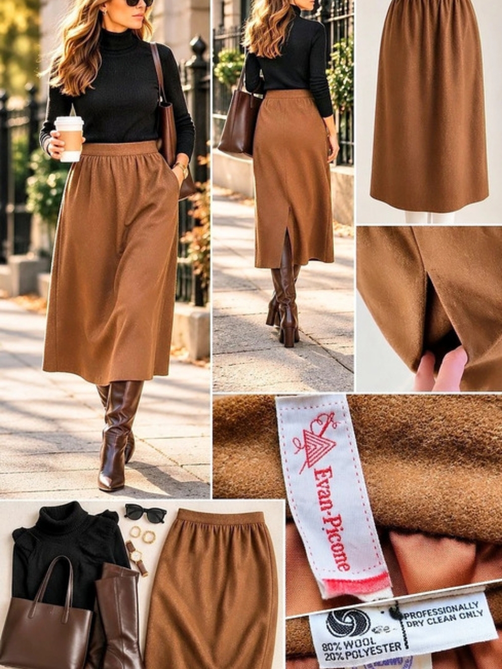 Vintage Evan-Picone Brown 100% Wool Midi Skirt Size M
